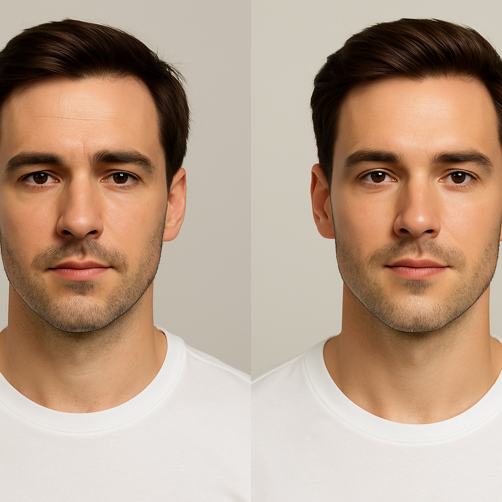 Resultados de armonización facial masculina en DIAMONDS SKIN RD: Antes y después del tratamiento estético facial.