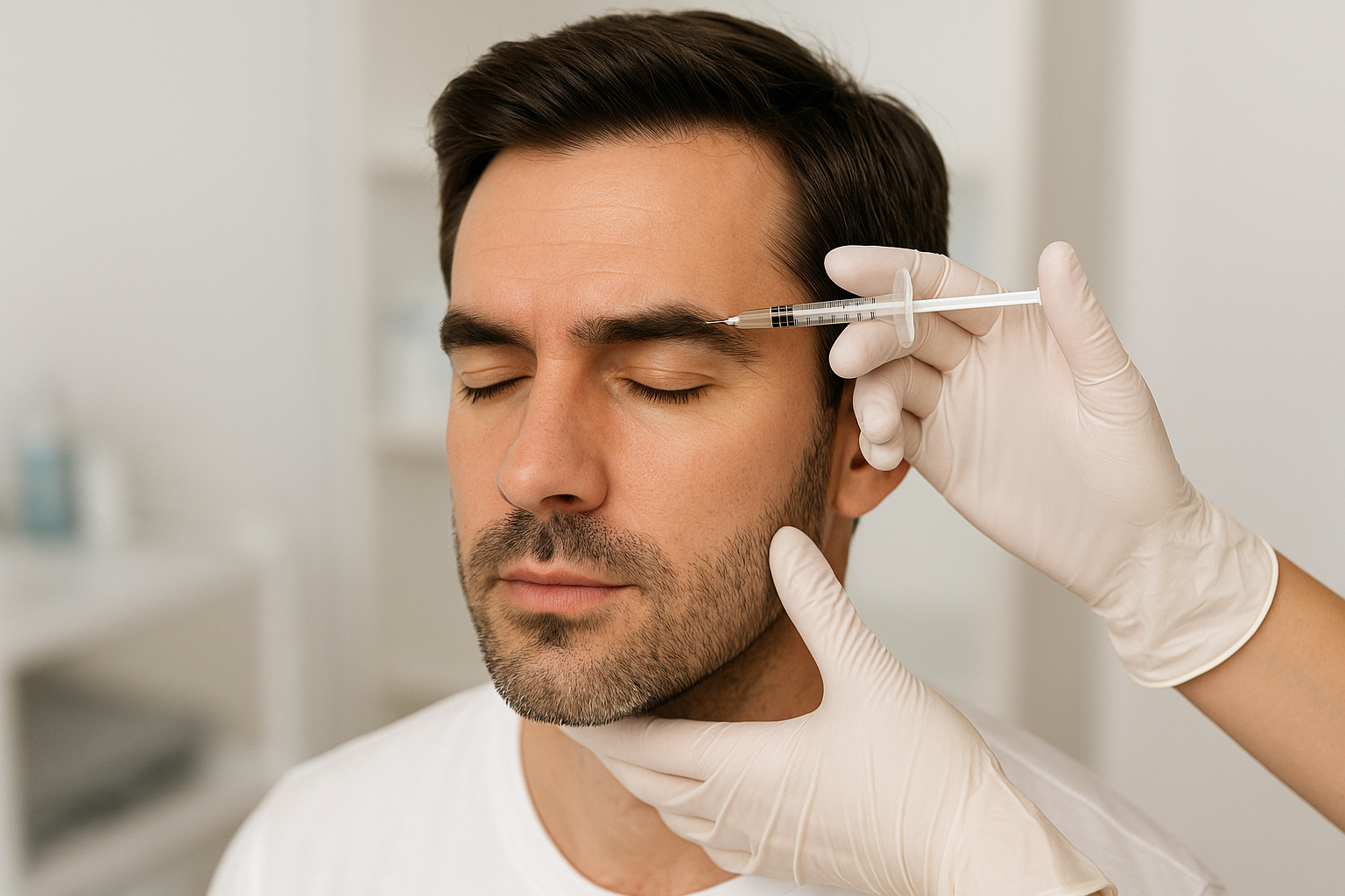 Hombre recibiendo tratamiento de Botox en la frente, destacando los beneficios del Botox en la masculinidad moderna.