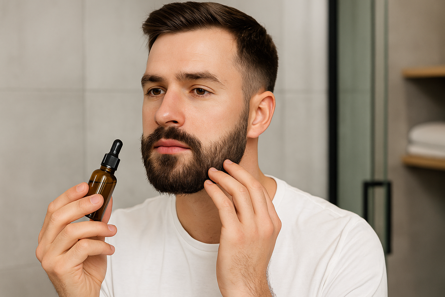 Hombre aplicando aceite para barba saludable, artículo 'Cuidado de la Barba y la Piel' en Diamonds Skin RD