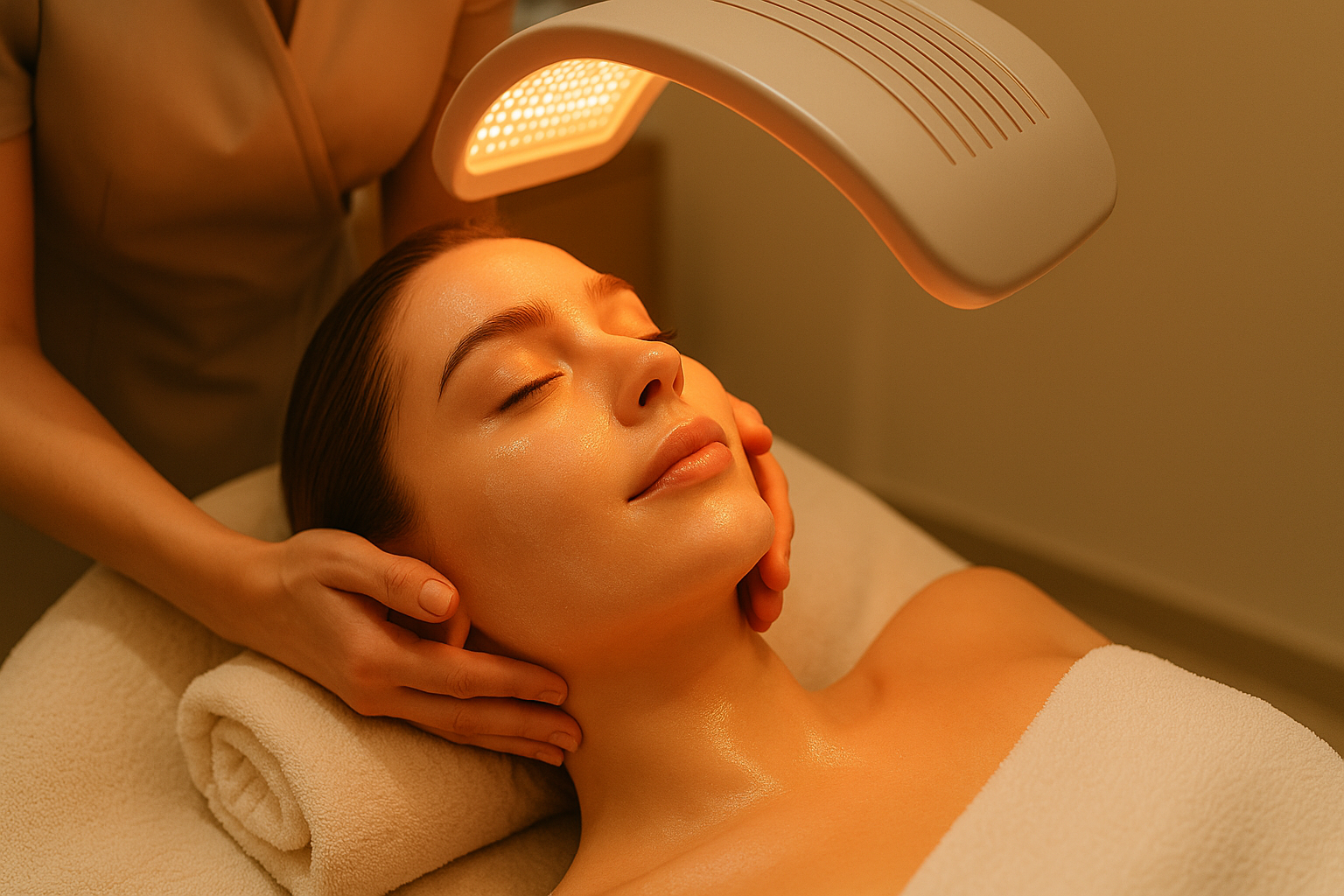 Mujer recibiendo un tratamiento facial Glow-Boost en Diamonds Skin RD con luz LED