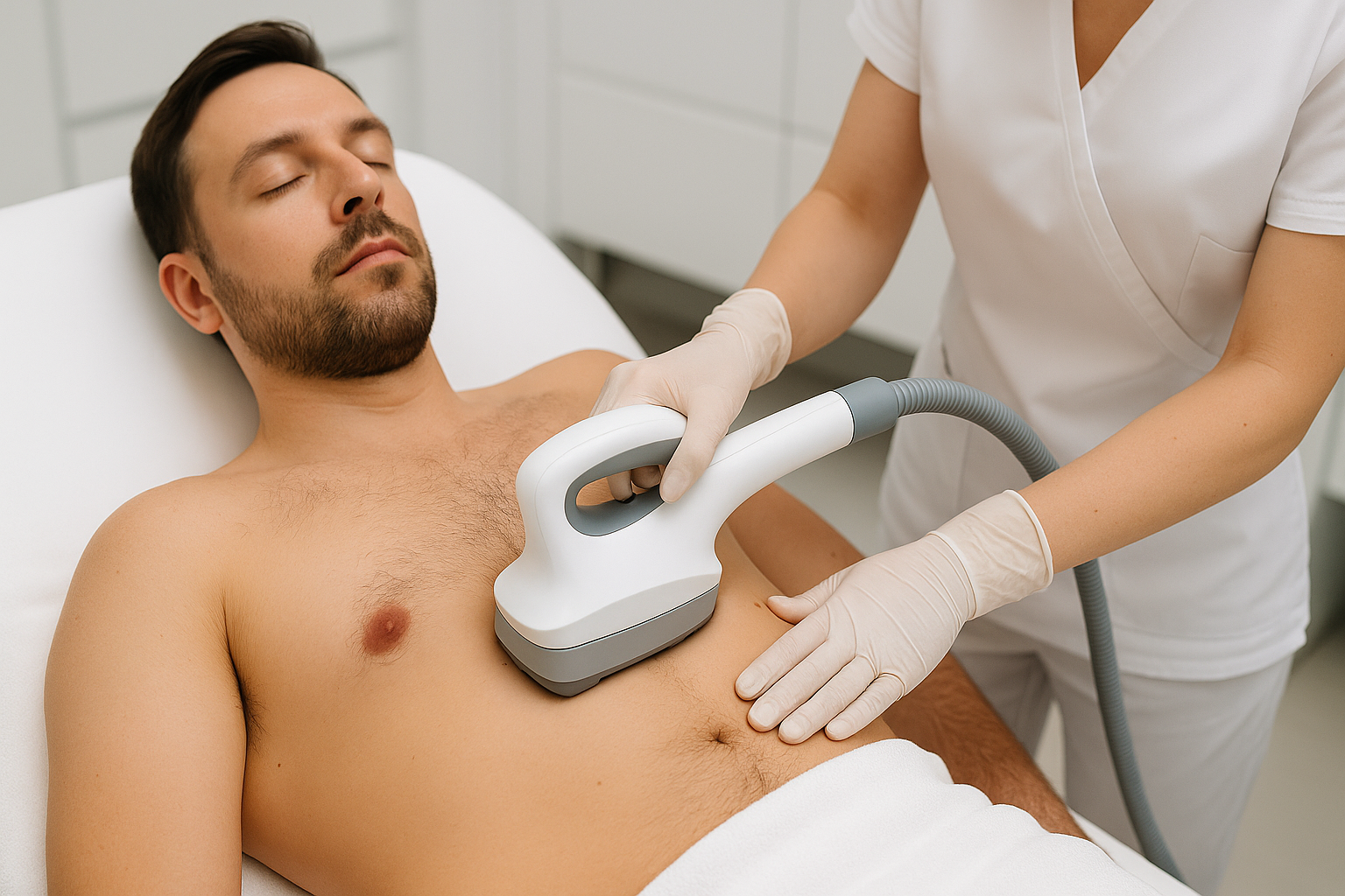 Hombre recibiendo tratamiento de reducción de medidas con equipo especializado en Diamonds Skin RD