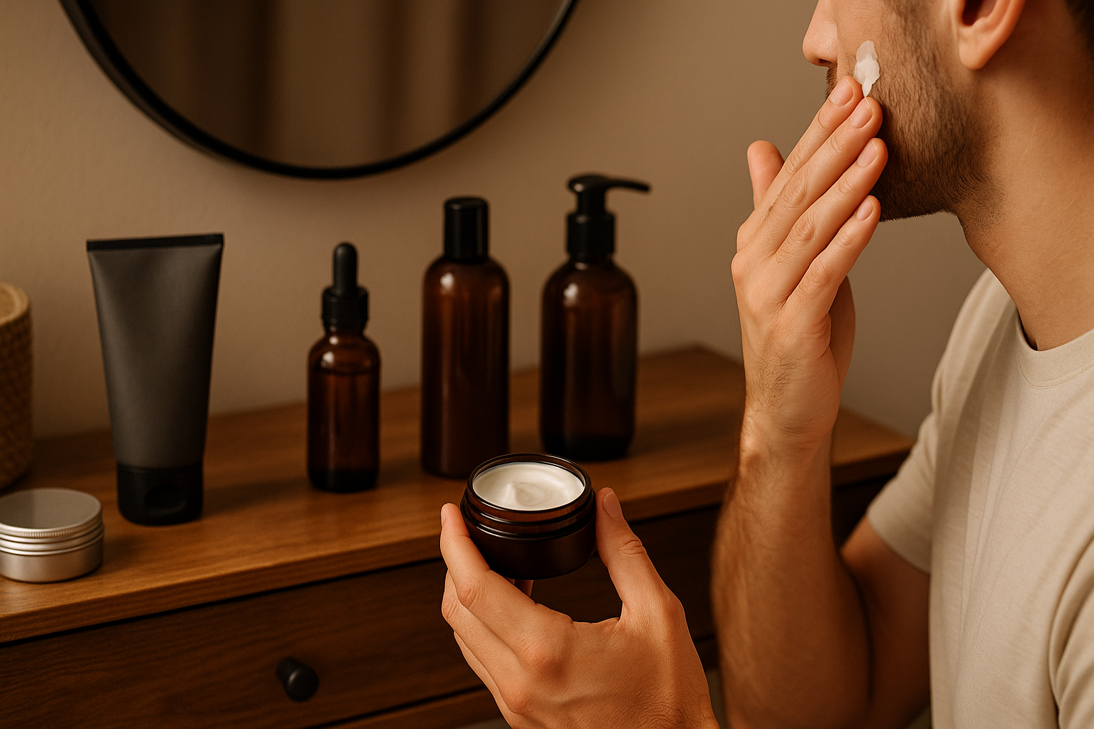Hombre aplicándose crema facial como parte de su rutina de cuidado personal.