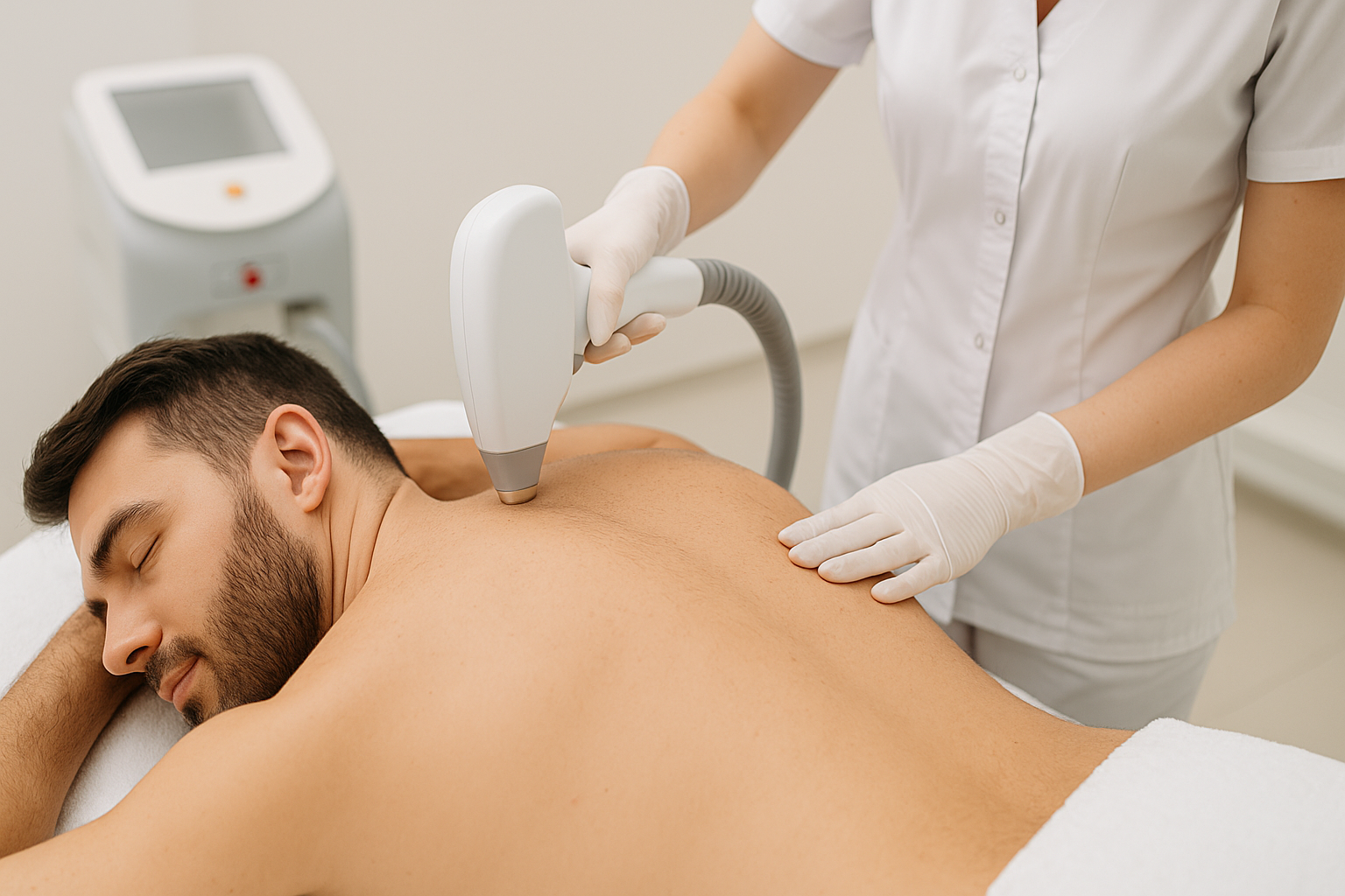 Hombre recibiendo tratamiento de depilación láser en la espalda en Diamonds Skin RD